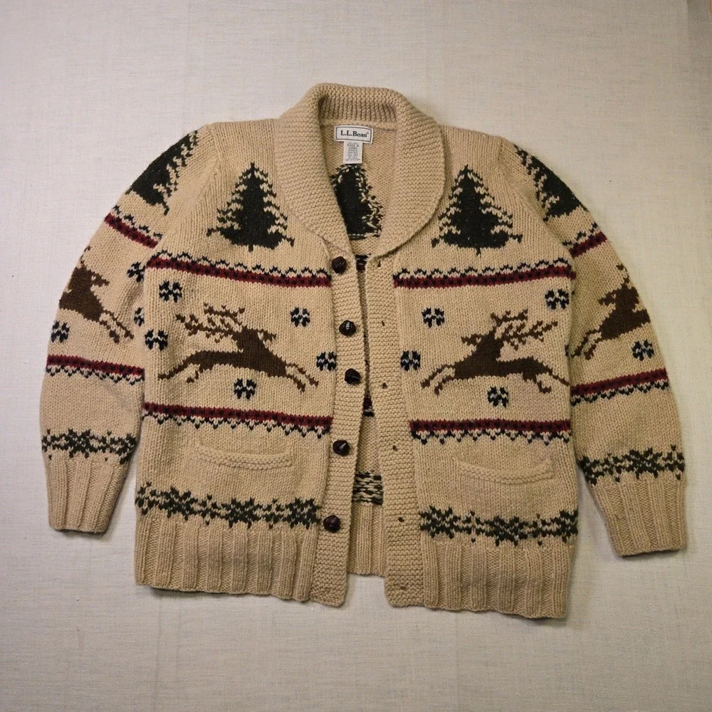 VTG L.L. Bean Reindeer Wool Cardigan Sweater Tan Women Small Shawl Collar Pocket